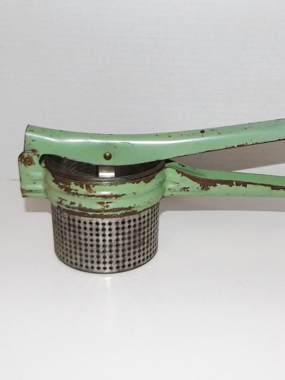 Vintage Handy Things Cast Metal Green Enamel Handle Farmhouse Food Press
